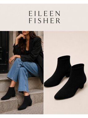 Eileen Fisher Black Knit Stretch Sock Ankle Boots Pointed Toe Size 7